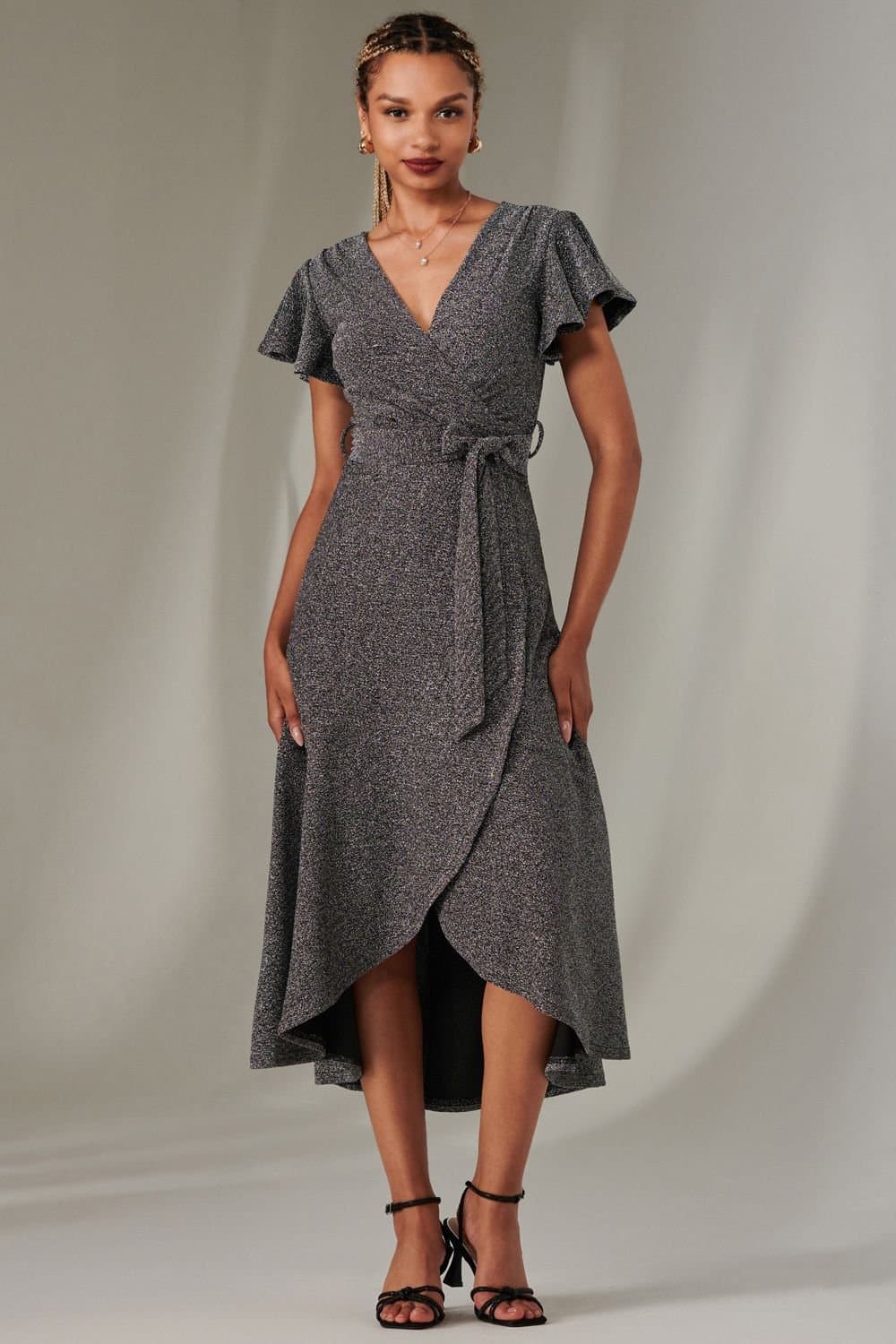 Jolie Moi Jolie Moi Women's Marlie Metallic Angel Sleeve Maxi Dress in Metallic Silver