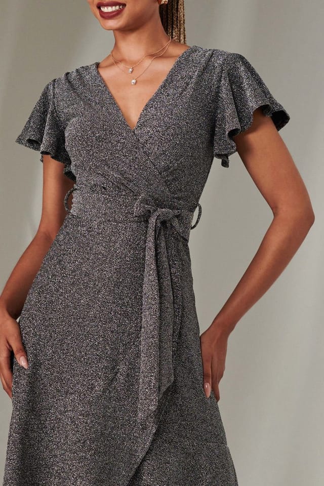 Jolie Moi Jolie Moi Women's Marlie Metallic Angel Sleeve Maxi Dress in Metallic Silver - 3