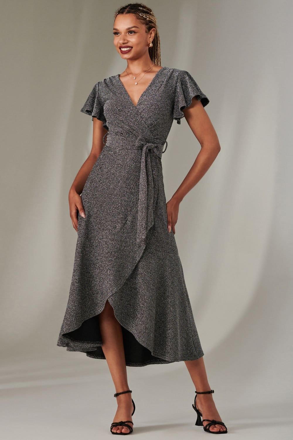 Jolie Moi Jolie Moi Women's Marlie Metallic Angel Sleeve Maxi Dress in Metallic Silver - 4