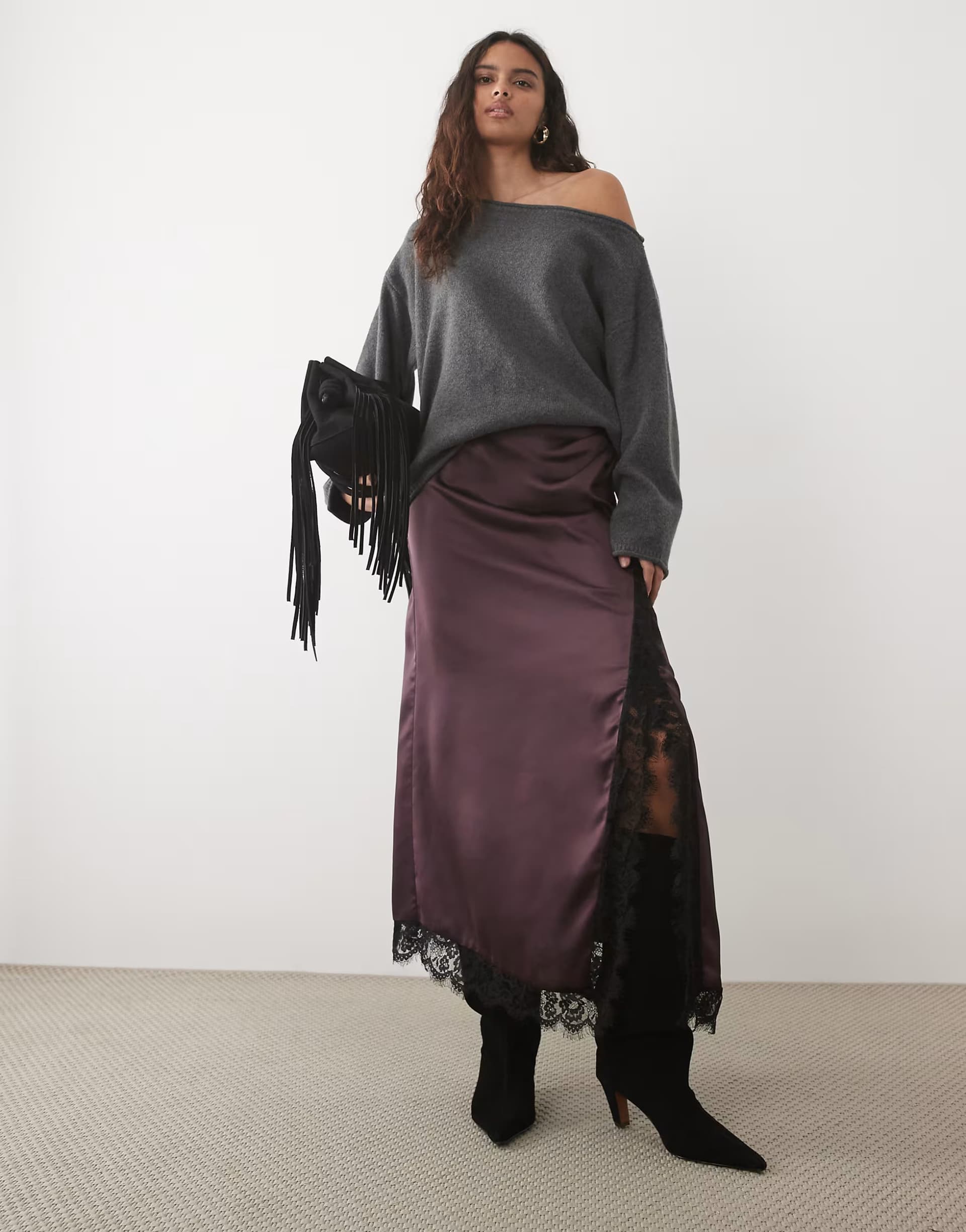 ASOS ASOS DESIGN lace insert high split satin midi skirt in brown