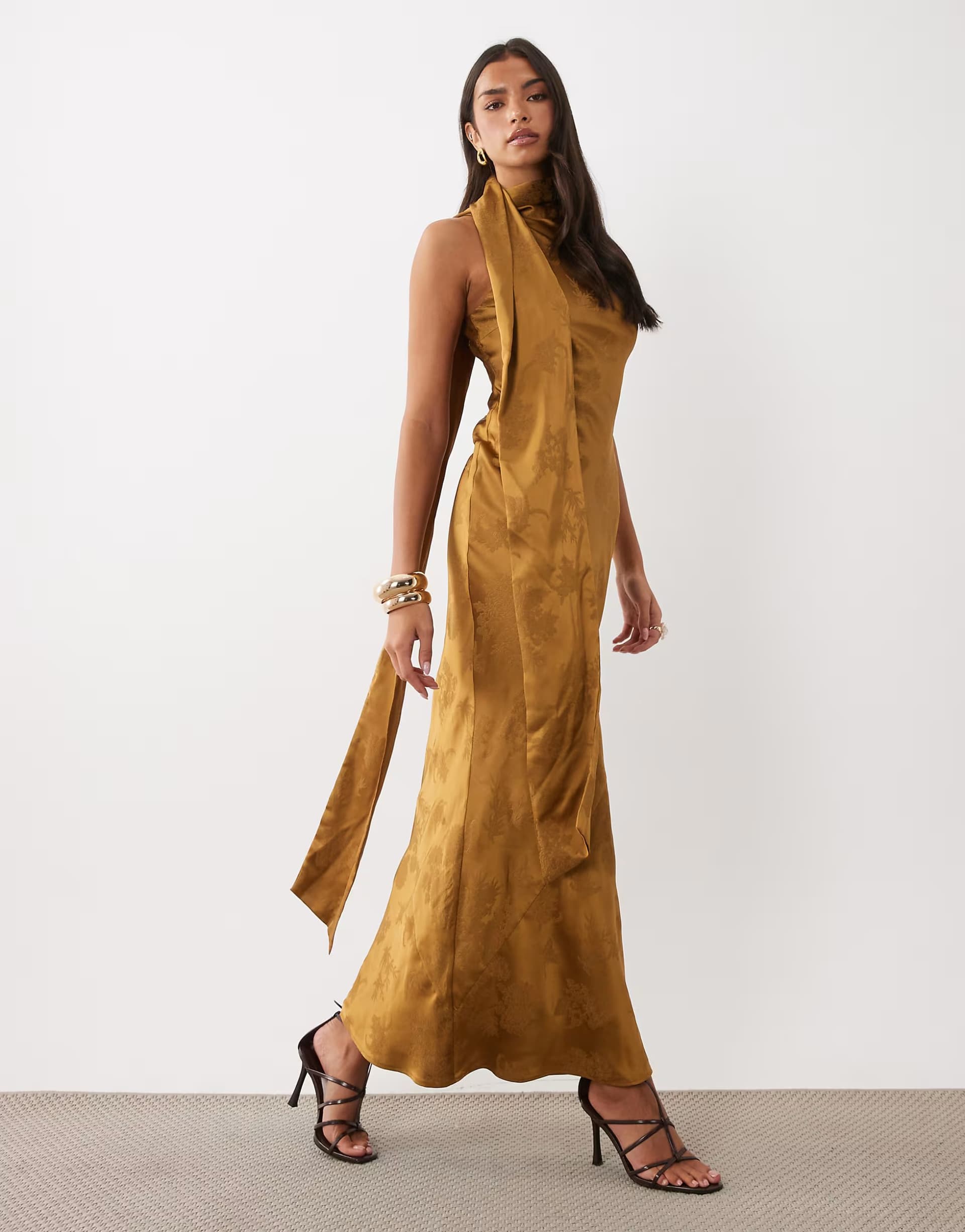 ASOS Pretty Lavish satin jacquard bias drape scarf detail maxi dress in gold floral