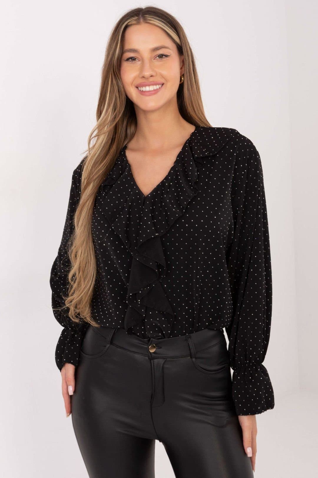 Love Lace Love Lace Women's Sequined Jabot Formal Blouse with Ruffle in Black