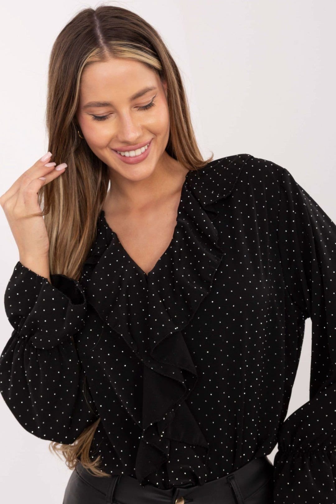 Love Lace Love Lace Women's Sequined Jabot Formal Blouse with Ruffle in Black - 4