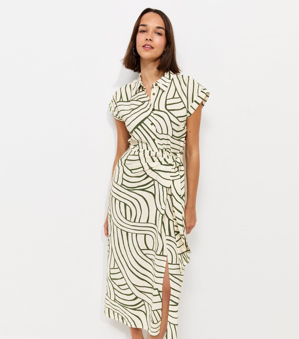 New Look Women's Cream Geometric Print Tie Waist Midi Shirt Dress New Look