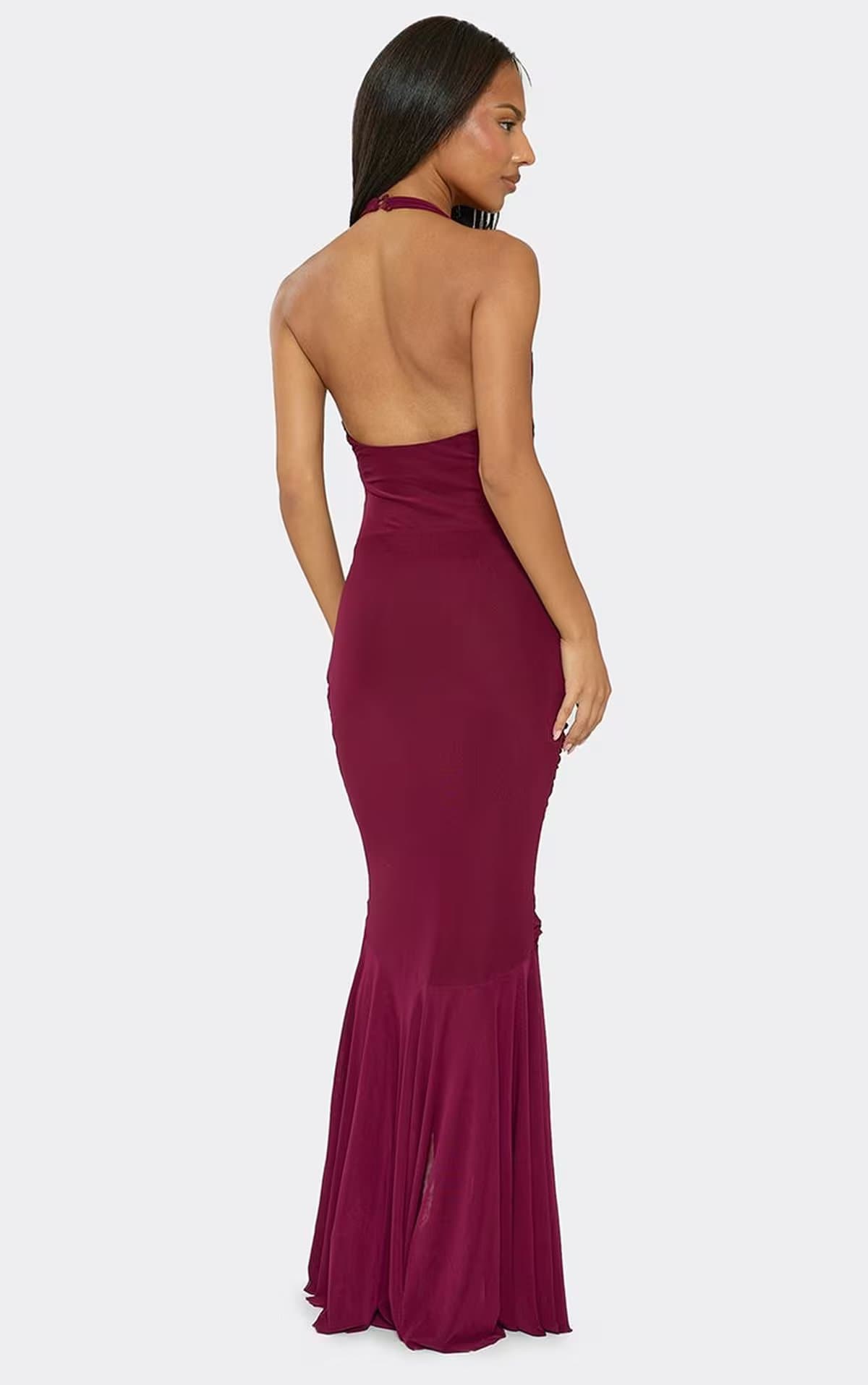 EGO Halterneck Ruched Mesh Maxi Dress In Plum, Women's Size UK 6