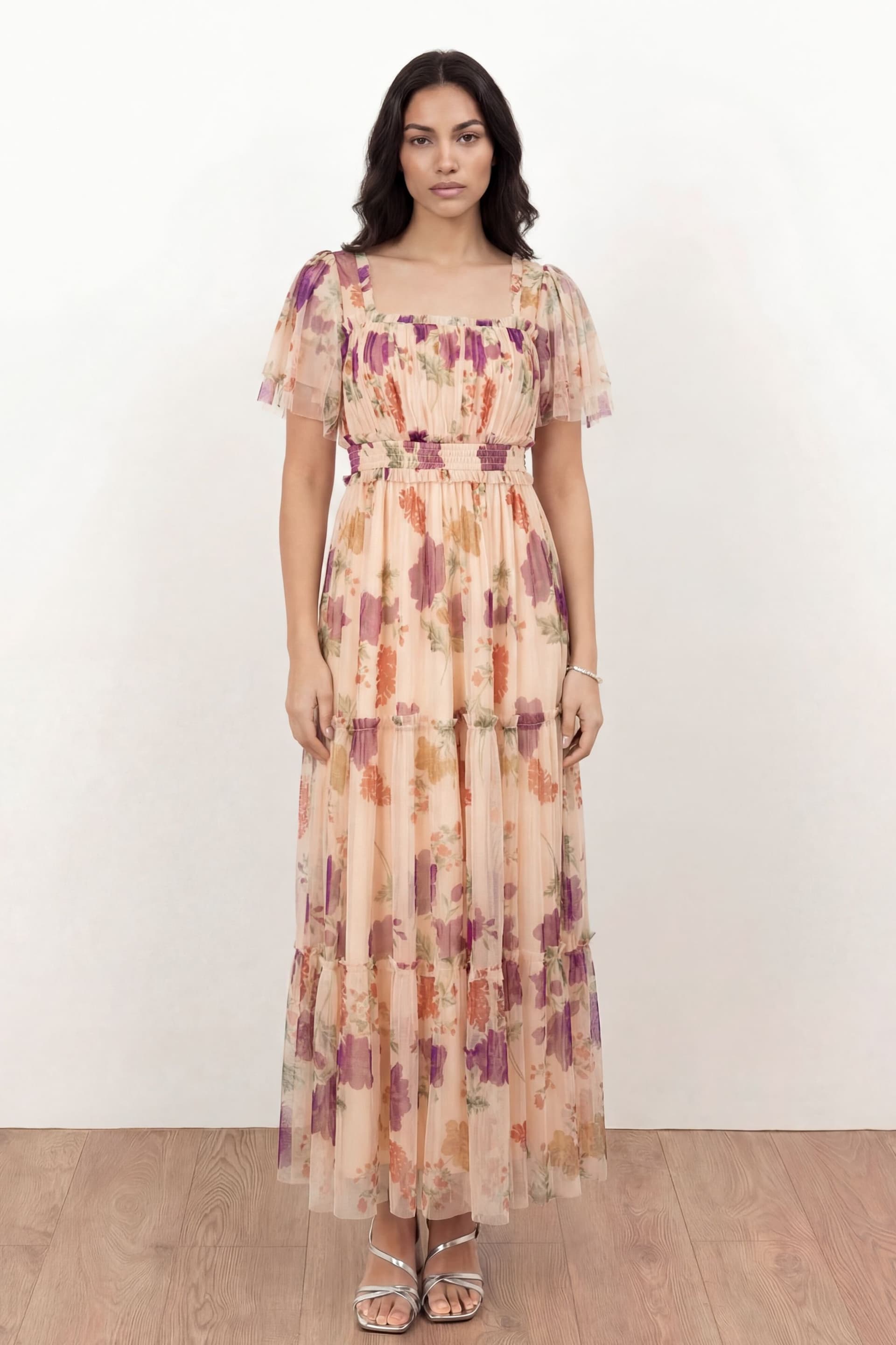 Anaya with Love Anaya with Love Women's Square Neck Short Sleeve Tulle Midaxi Dress