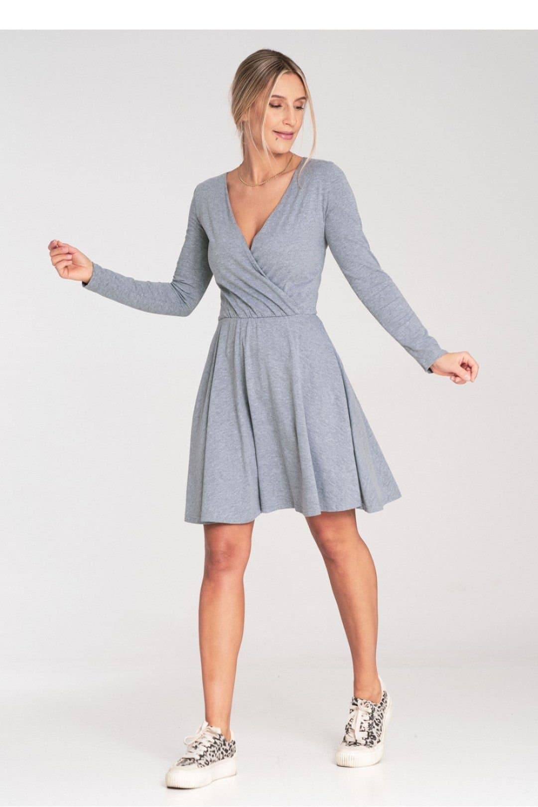 Love Lace Love Lace Women's Cotton long sleeve flared dress with waist elastic in Grey