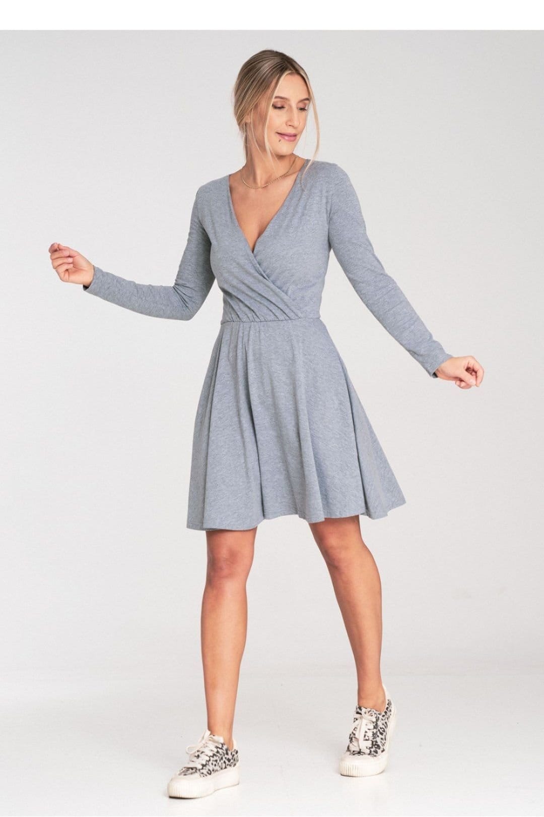 Love Lace Grey Cotton Long Sleeve Flared Dress