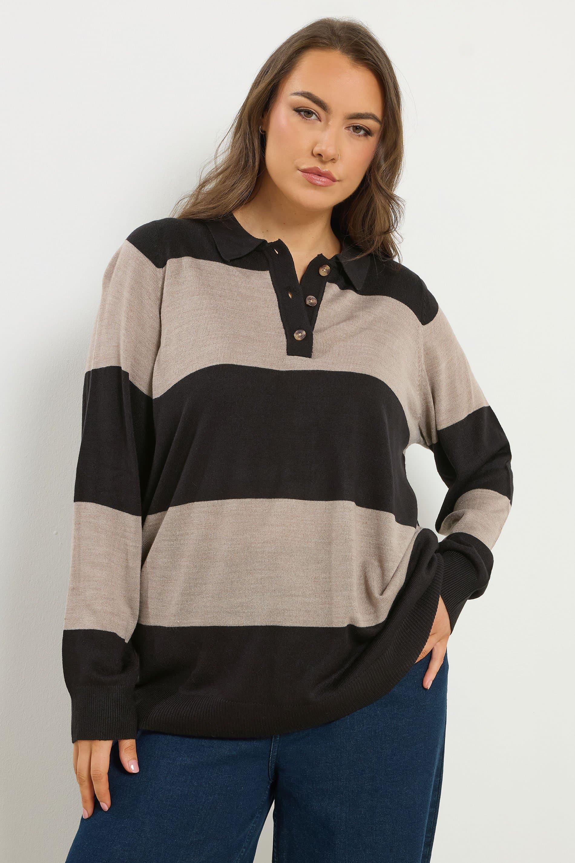 Yours Plus Size Black Stripe Rugby Collar Jumper