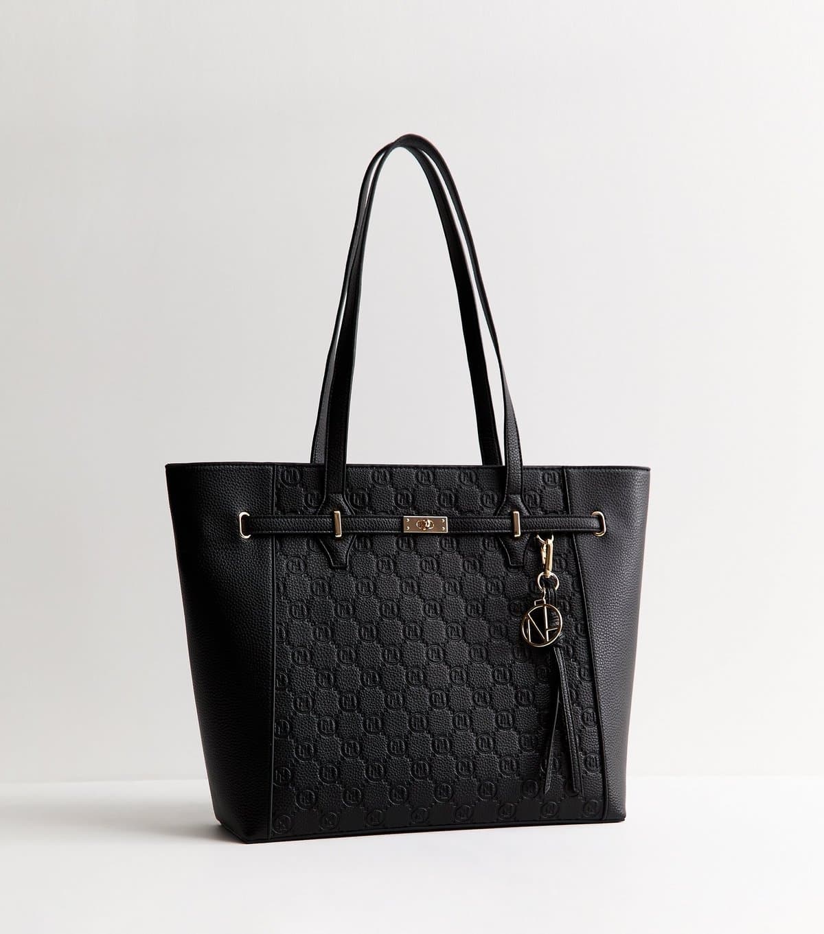 New Look Black Faux Leather Embossed Monogram Tote Bag New Look