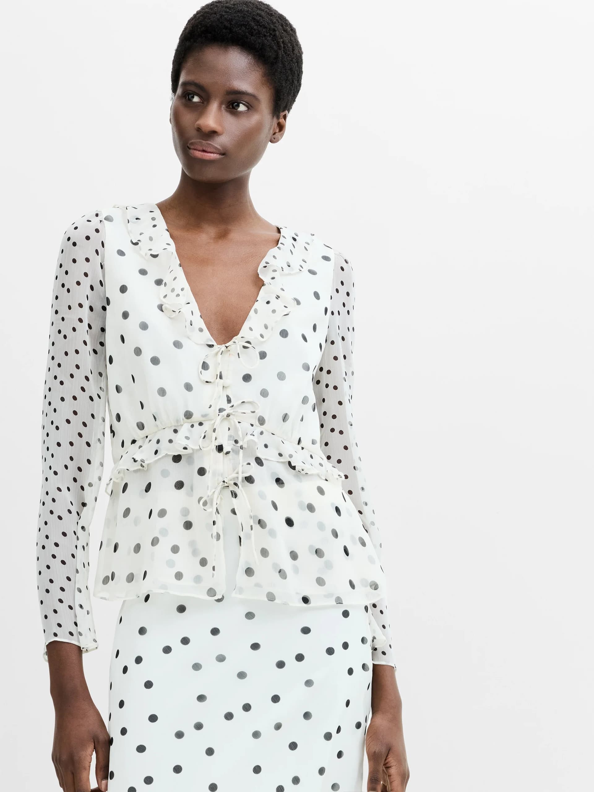 French Connection Emina Chiffon Monochrome Polka Dot Ruffle Top Porcelain Cream/Black