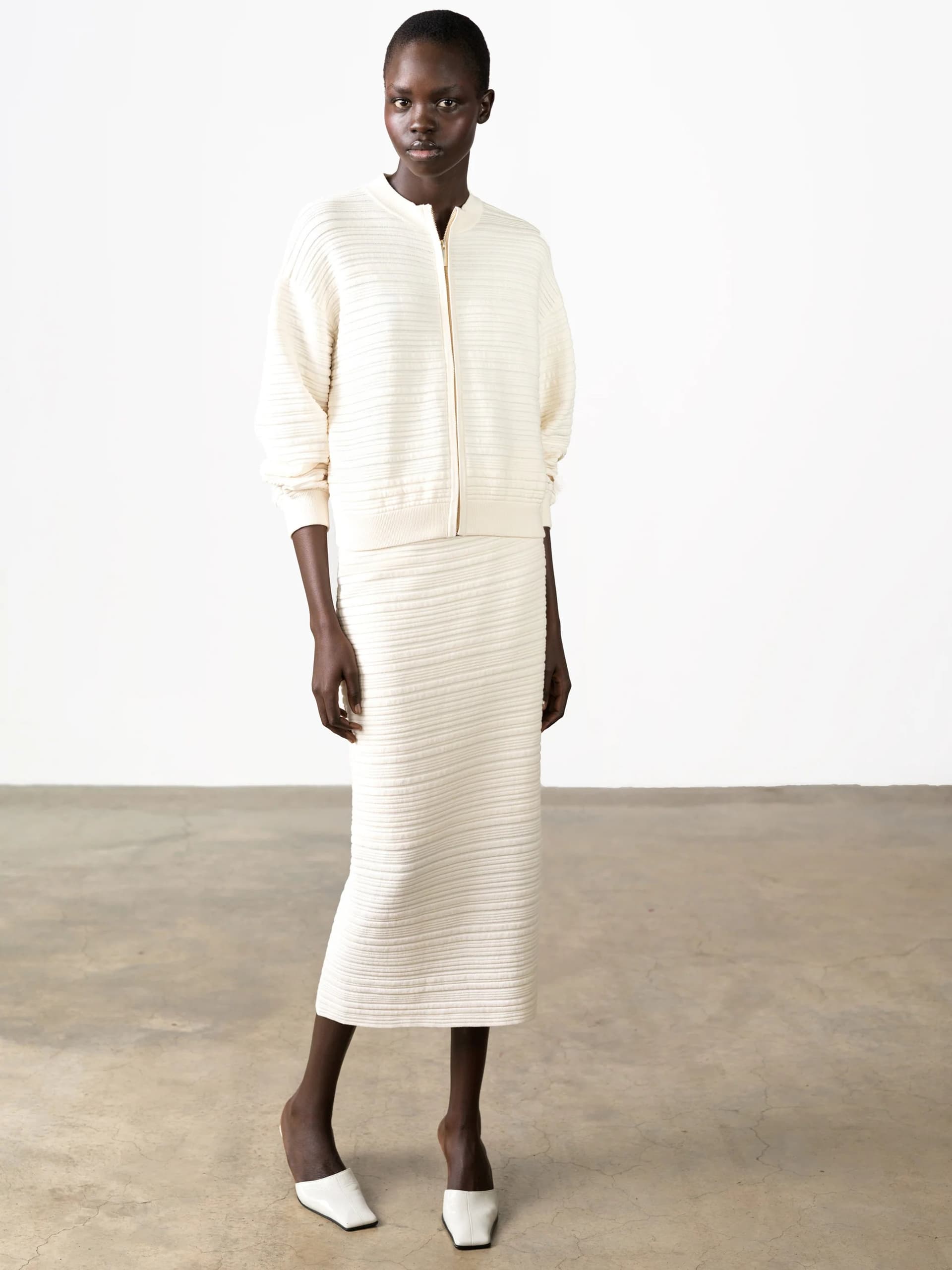 French Connection Mayim Ribbed Knit Cream Midi Skirt Porcelain Cream