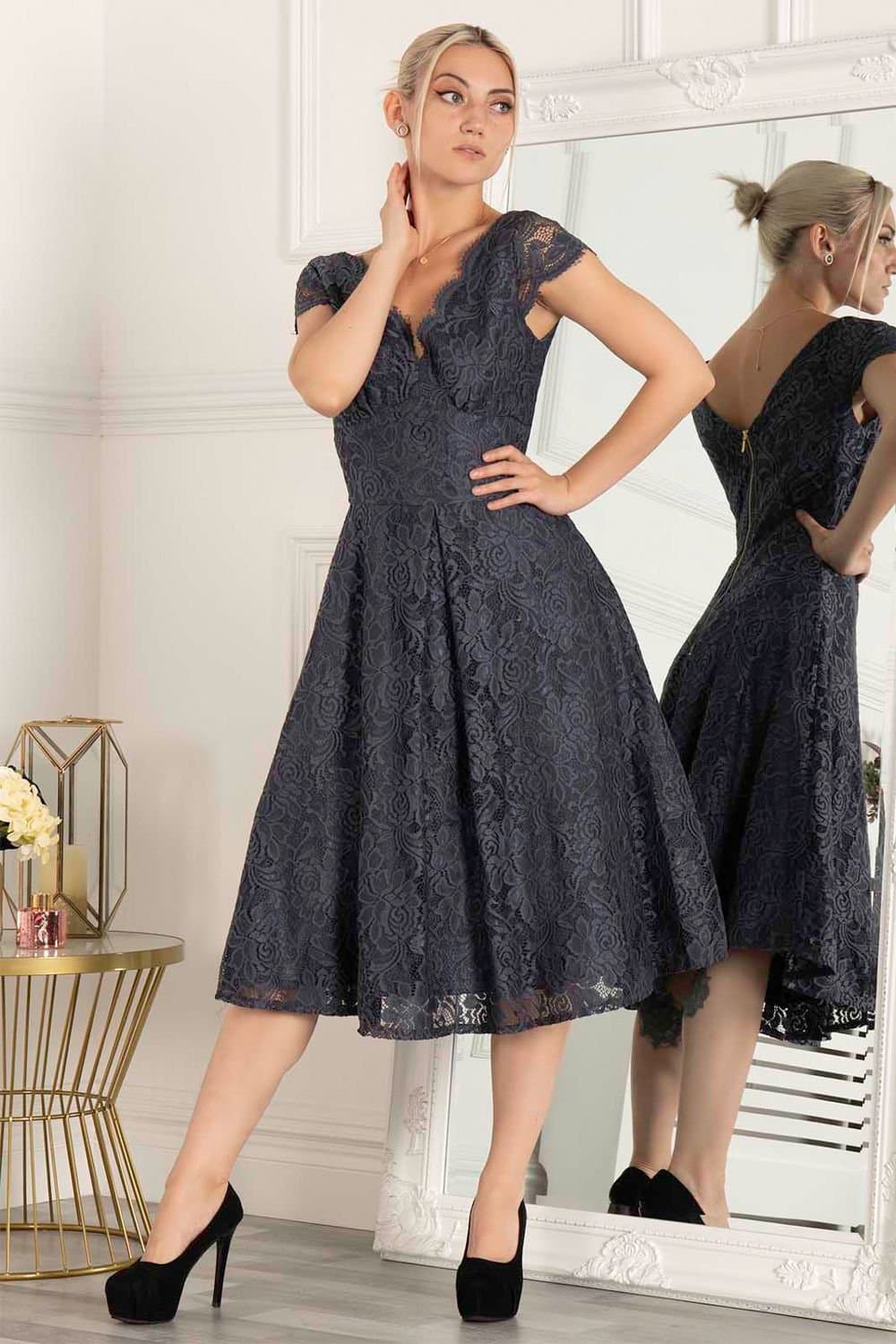 Jolie Moi Jolie Moi Women's Cap Sleeve 50s Lace Dress in Dark Grey