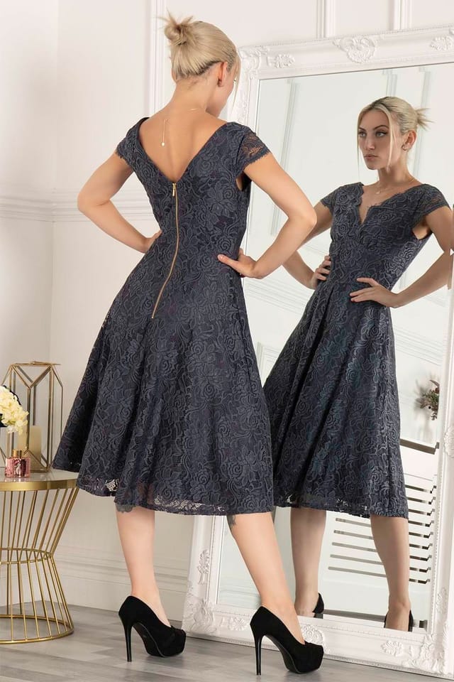 Jolie Moi Jolie Moi Women's Cap Sleeve 50s Lace Dress in Dark Grey - 2