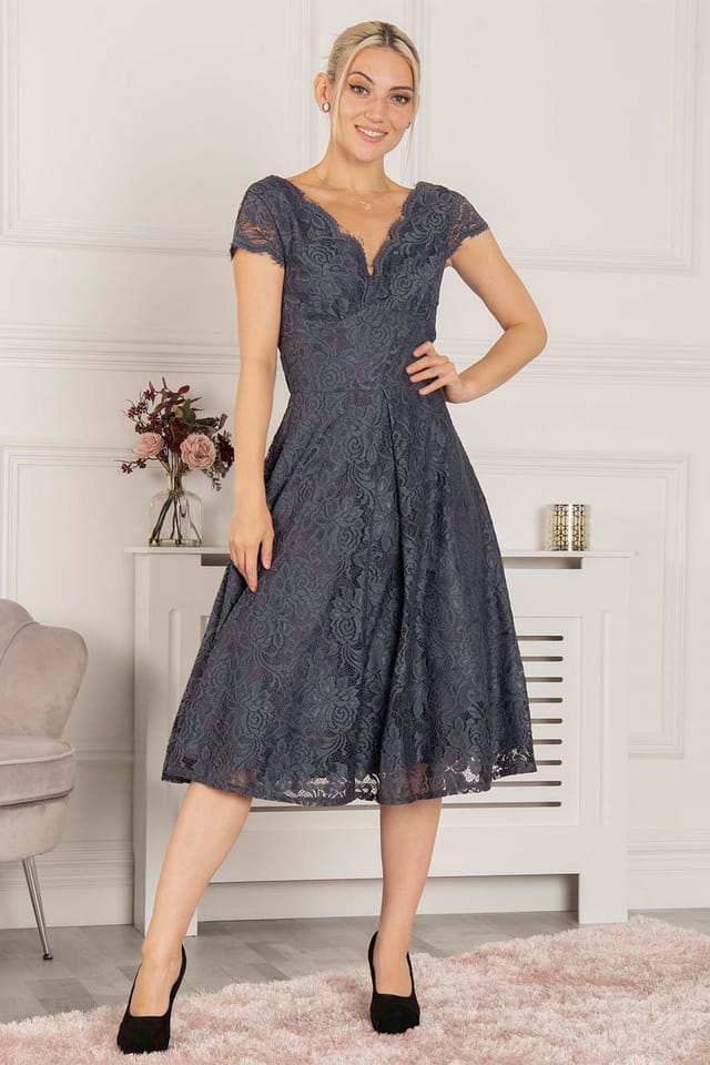 Jolie Moi Jolie Moi Women's Cap Sleeve 50s Lace Dress in Dark Grey - 3