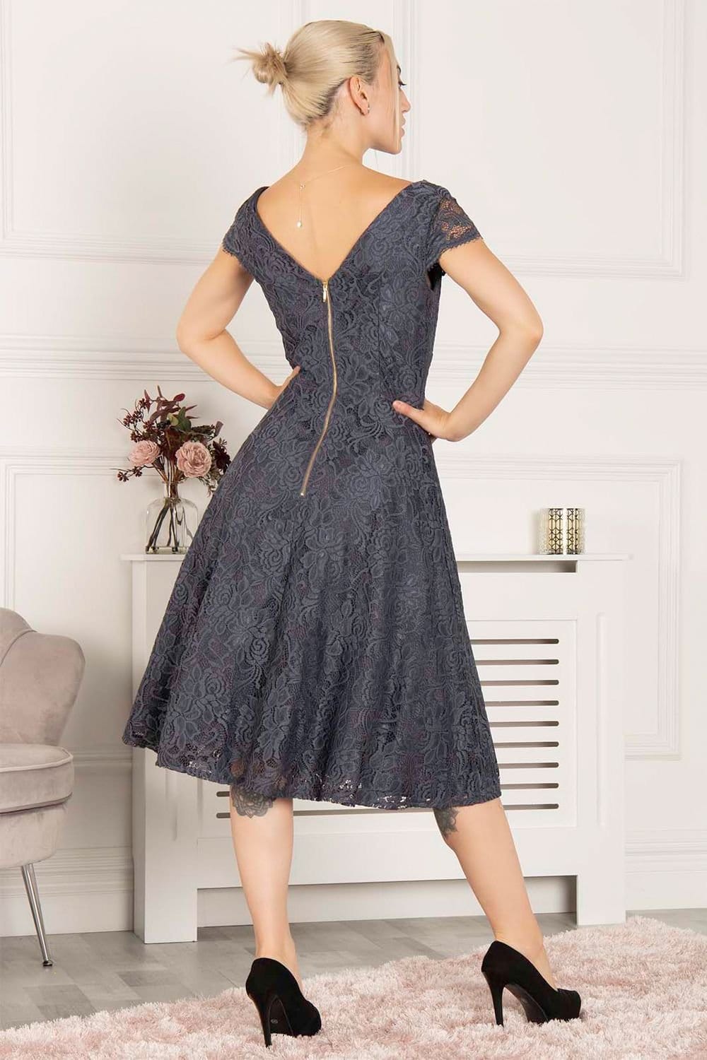 Jolie Moi Jolie Moi Women's Cap Sleeve 50s Lace Dress in Dark Grey - 4