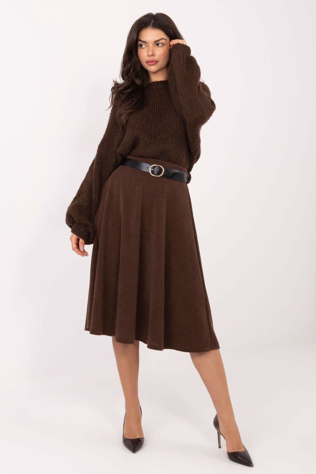 Love Lace Love Lace Women's Ribbed Flared Knit Skirt with Waist Belt in Brown