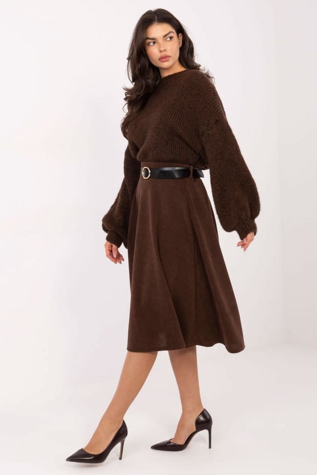 Love Lace Love Lace Women's Ribbed Flared Knit Skirt with Waist Belt in Brown - 2