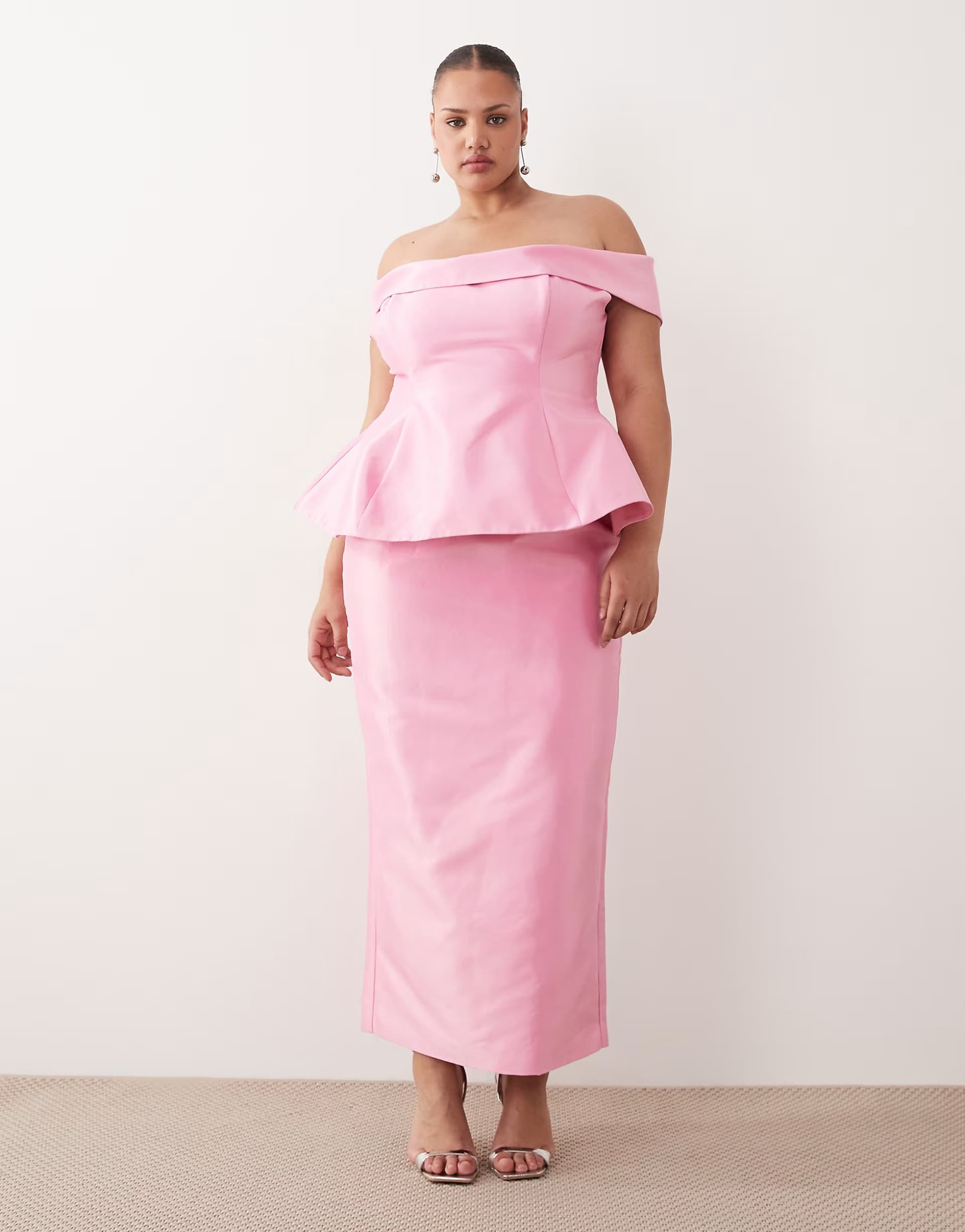 ASOS ARRANGE Curve structured off the shoulder satin maxi dress in pink