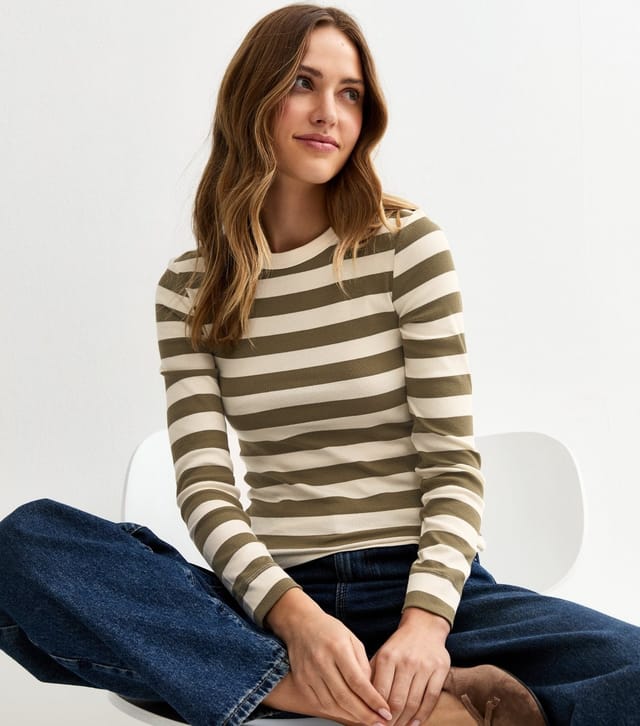 New Look Women's Green Ribbed Striped Long Sleeve Top New Look - 2