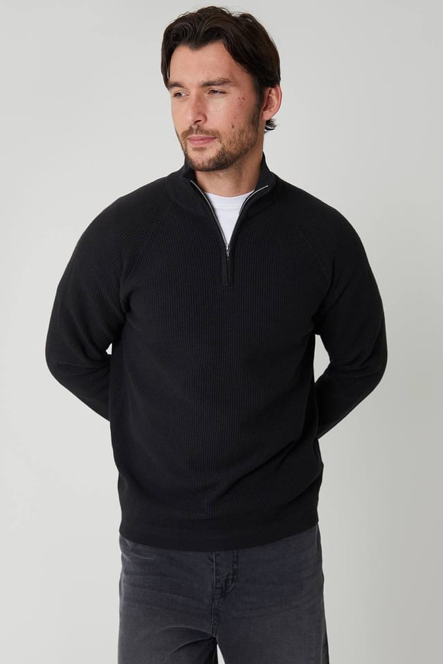Threadbare Threadbare Men's Waffle Knit Raglan Quarter Zip Jumper in Black - 2
