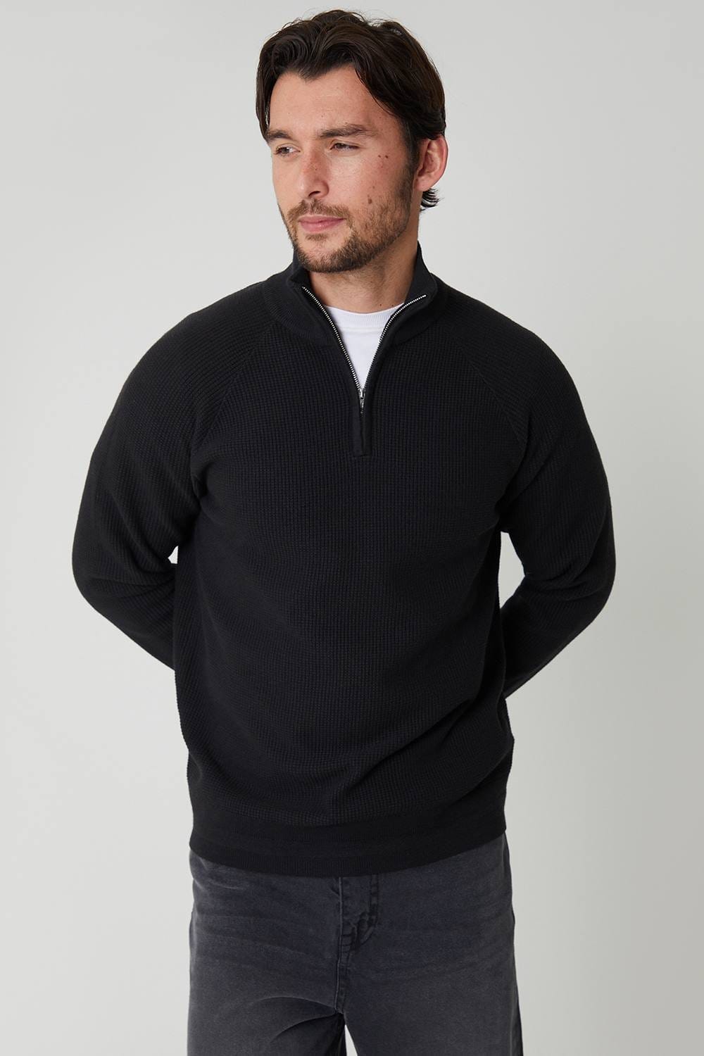 Threadbare Threadbare Men's Waffle Knit Raglan Quarter Zip Jumper in Black - 4