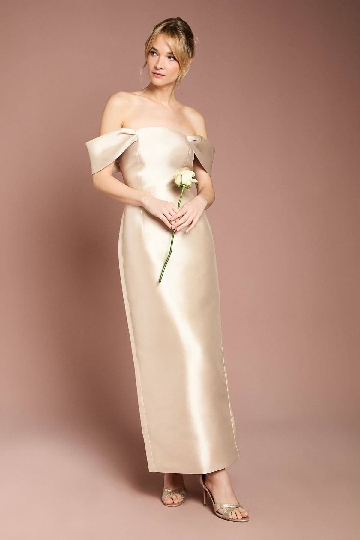 Coast Coast Women's Honoured Twill Bardot Column Midi Bridesmaid Dress in Champagne
