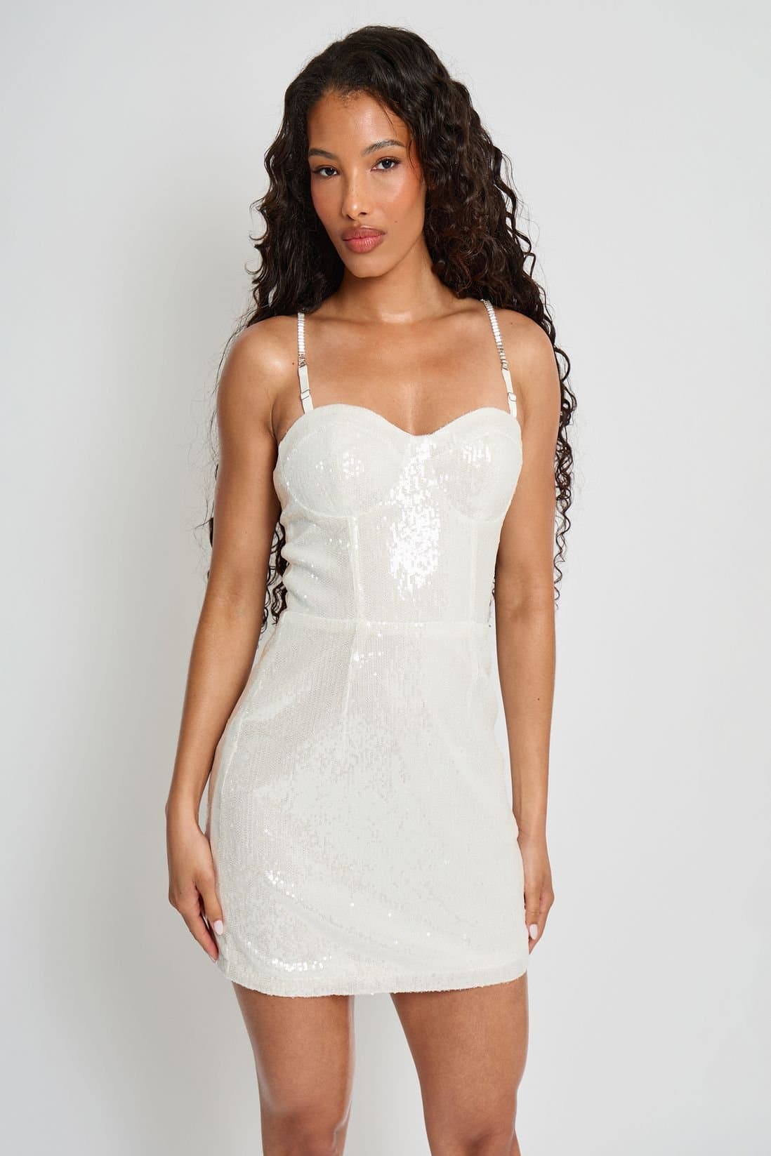 Public Desire Public Desire Women's Diamante Strap Detail Sequin Mini Dress White
