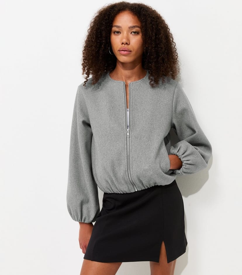 New Look Women's Light Grey Collarless Zip Through Bomber Jacket New Look - 1