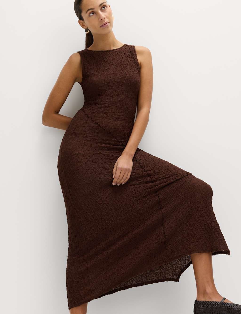 Marks & Spencer M&S Cotton Rich Textured Midaxi Column Dress Chocolate