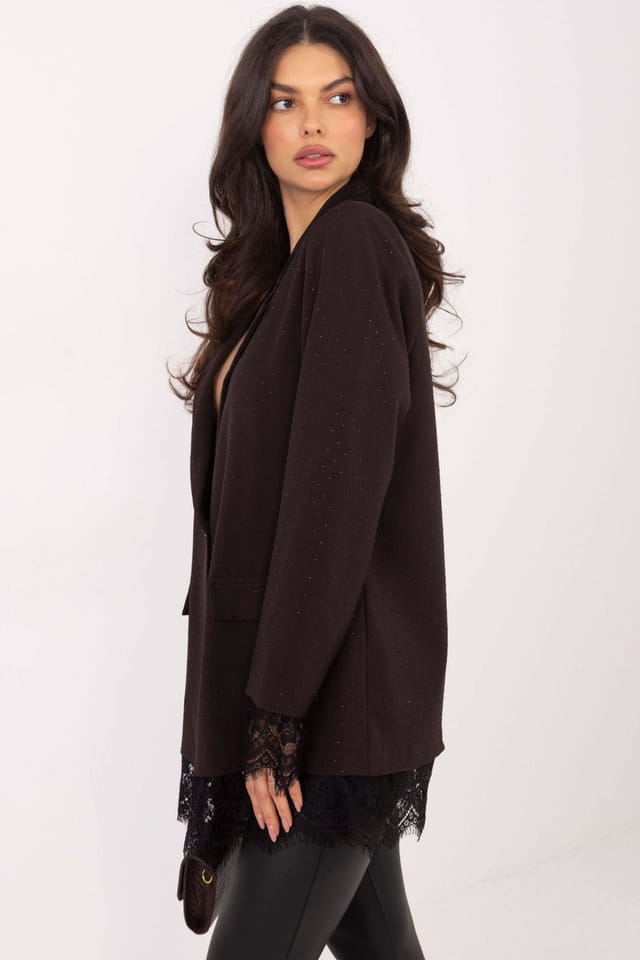 Love Lace Love Lace Women's Elegant Blazer with Jet Applique Lace Hem in Brown - 2