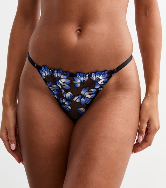 New Look Women's Blue Floral Embroidered Mesh Thong New Look - 2