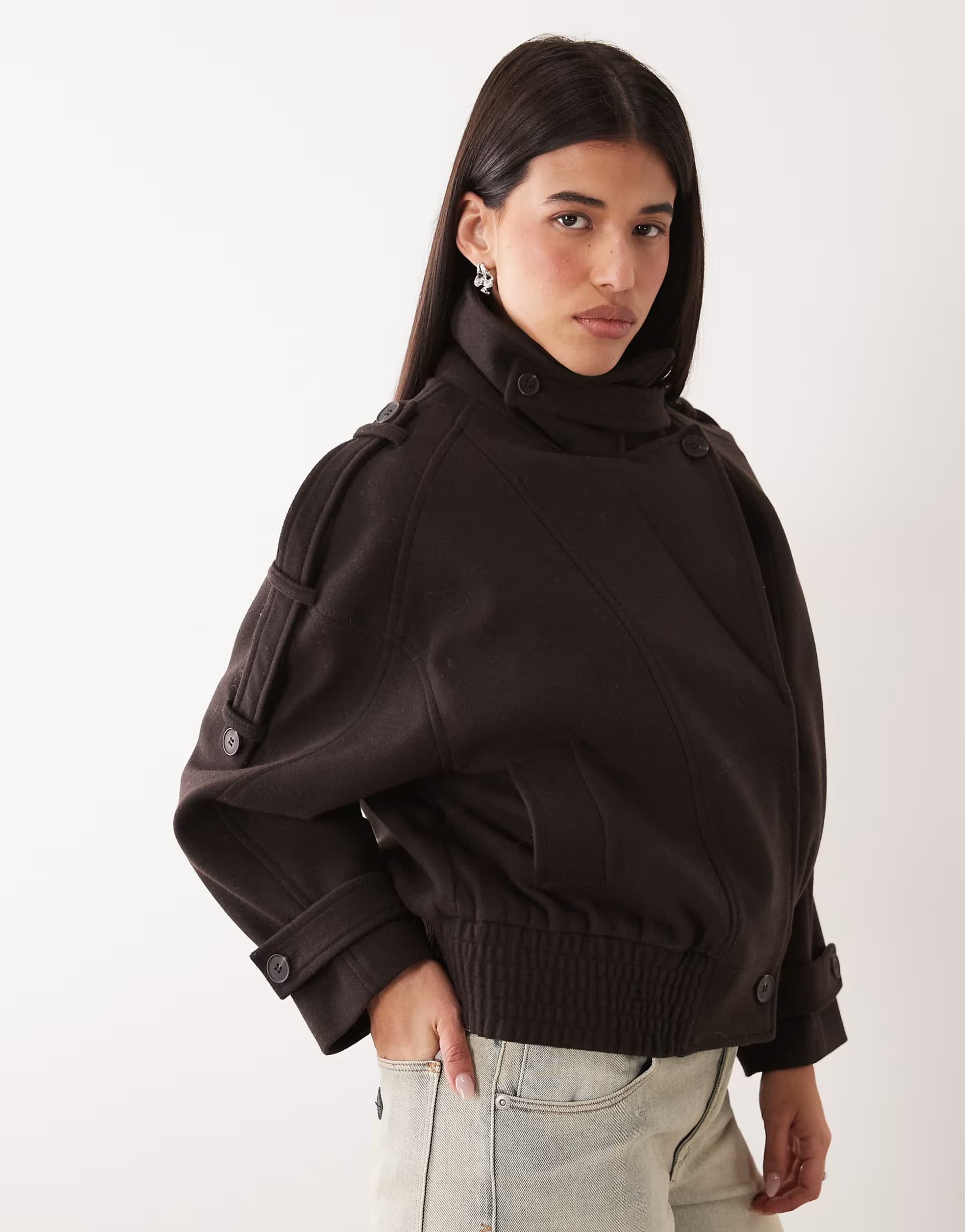 ASOS Gina Tricot short high funnel neck bomber style jacket with wool in dark brown