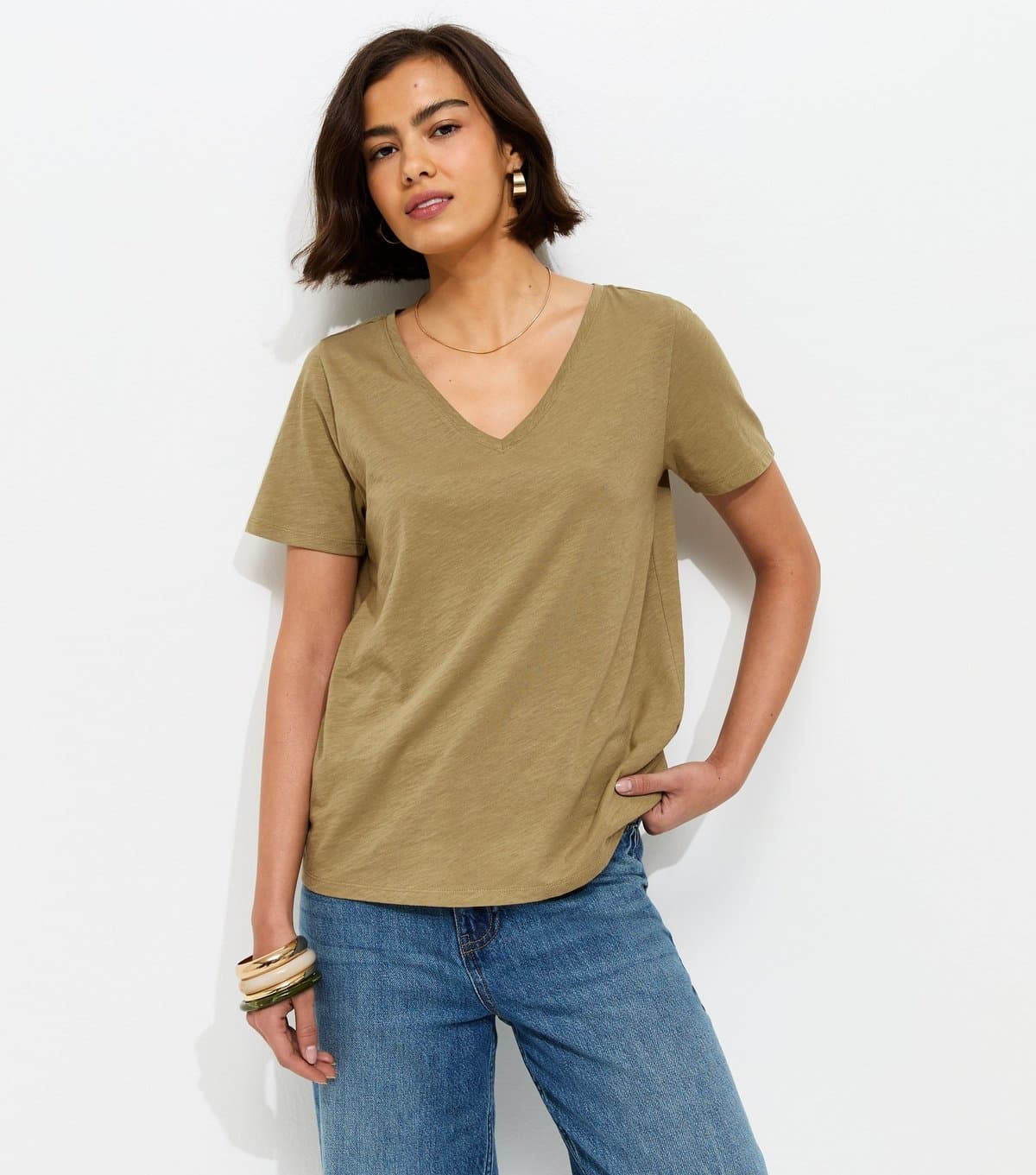 New Look Women's Khaki Cotton V Neck T-Shirt New Look