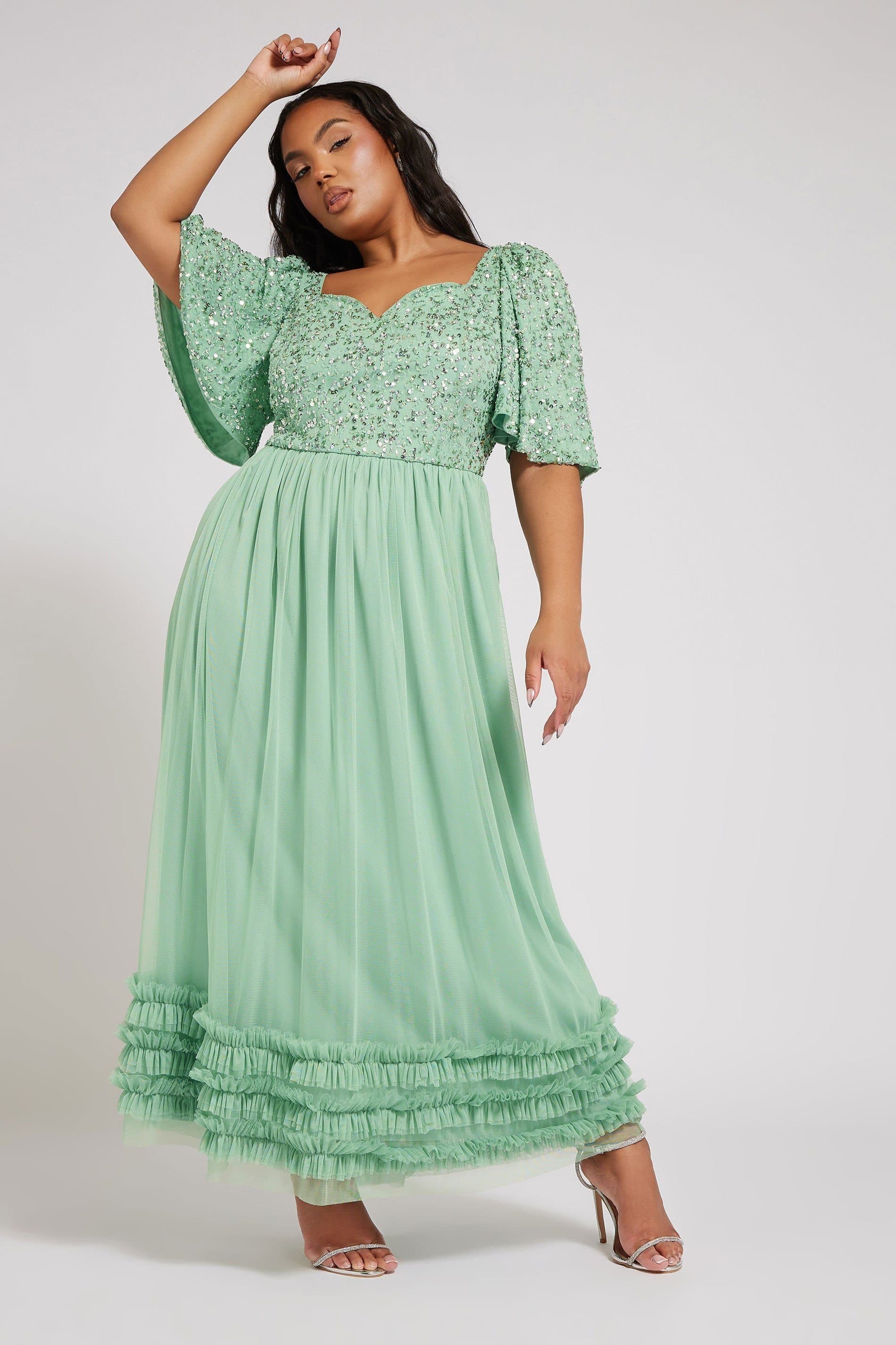 Yours Yours Women's Sequin Sweetheart Ruffle Maxi Dress in Light Green