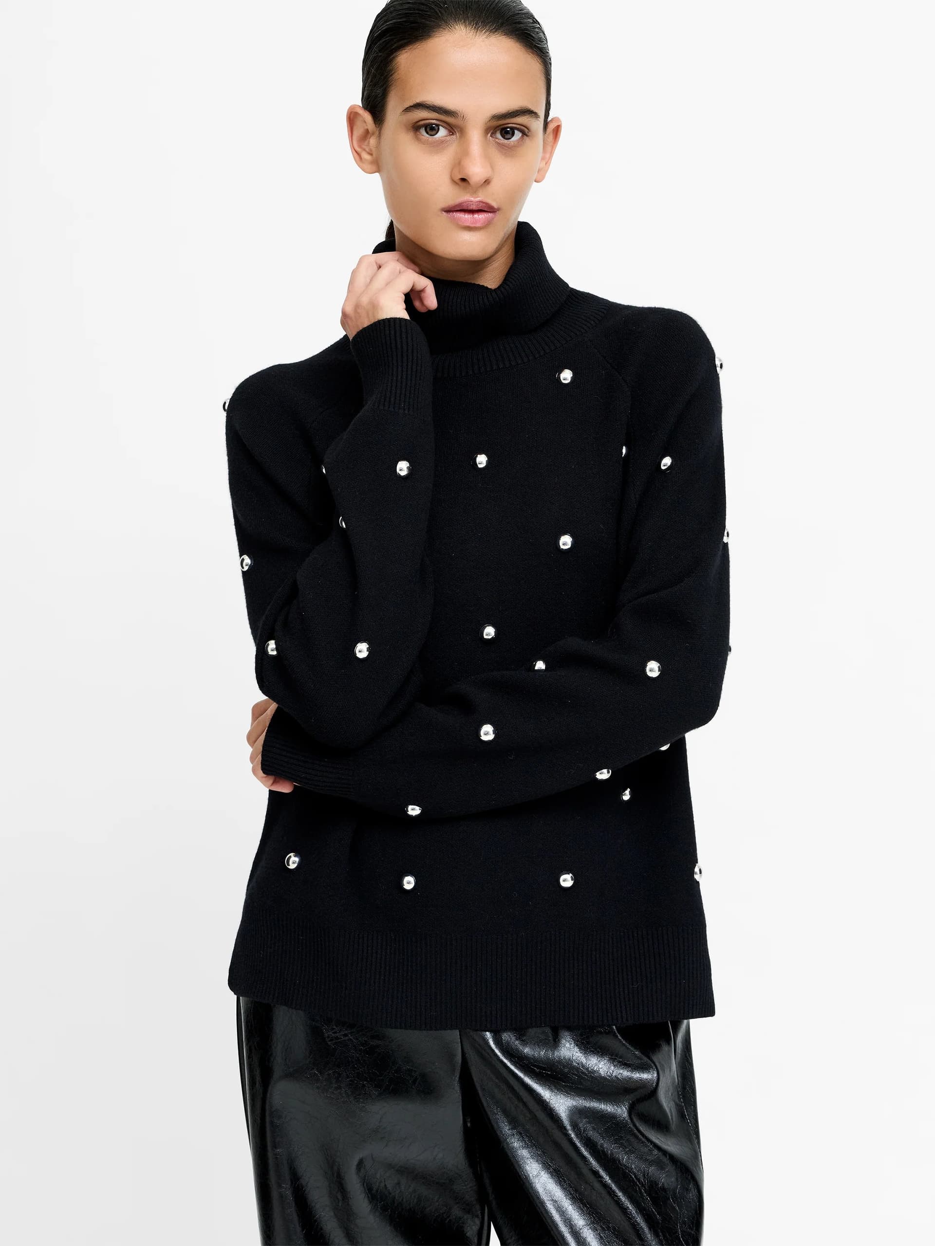 French Connection Elna Black Studded Roll Neck Jumper Black