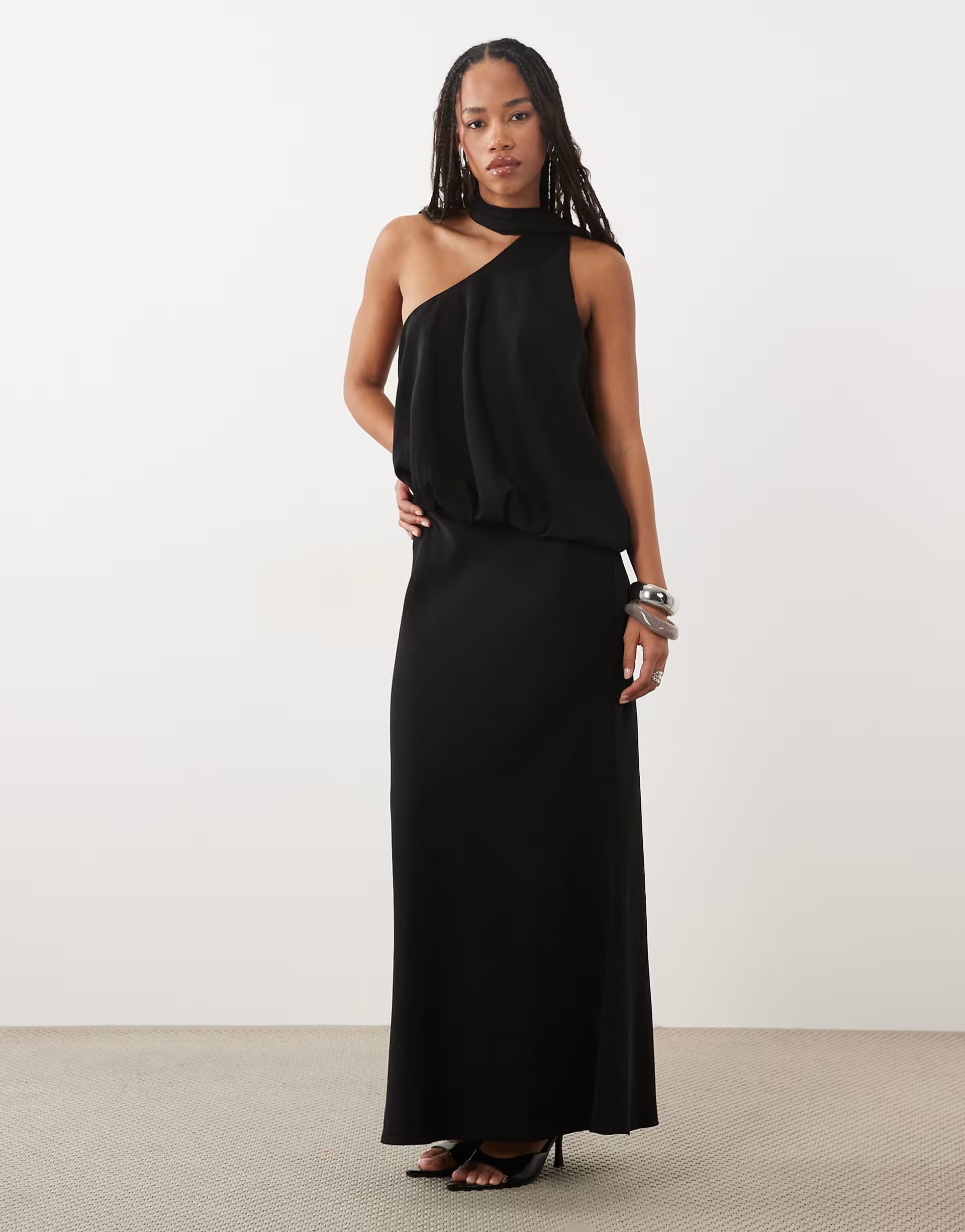 ASOS ASOS DESIGN one shoulder with tie neck maxi dress in black