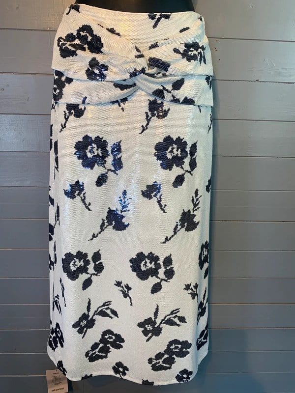 Self-Portrait Self Portrait White Navy Floral Sequin Midi Skirt RRP £500 Size 6 BNWT - 1