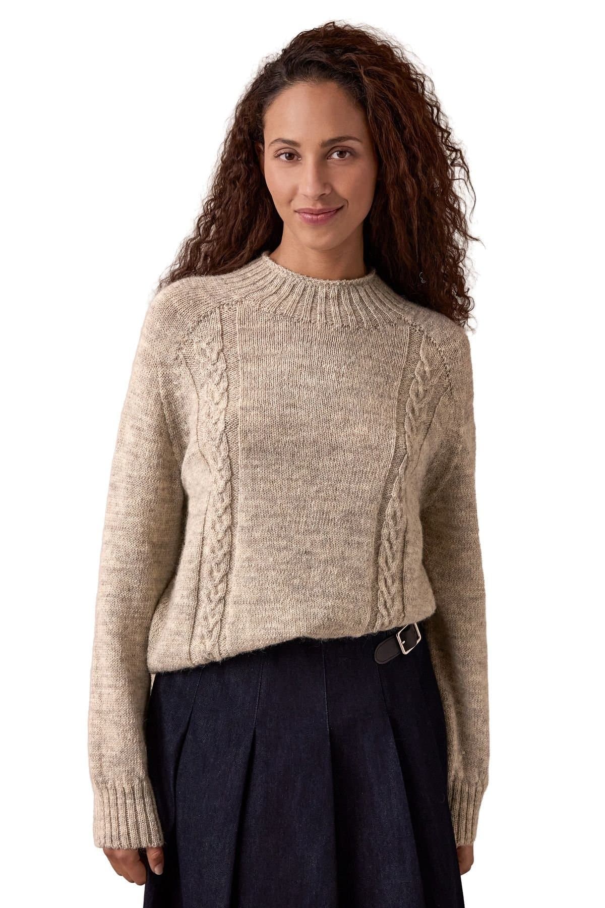 Celtic & Co Celtic & Co Women's British Wool Cable Detail Gansey Sweater in Light Beige