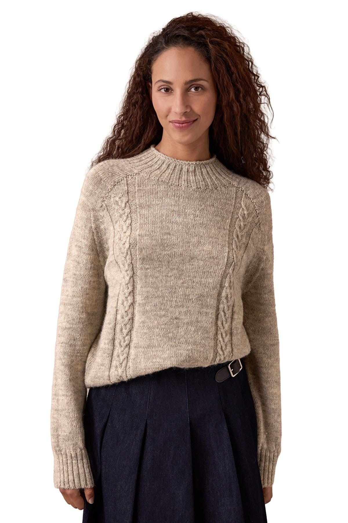 Celtic & Co Celtic & Co Women's British Wool Cable Detail Gansey Sweater in Light Beige - 1