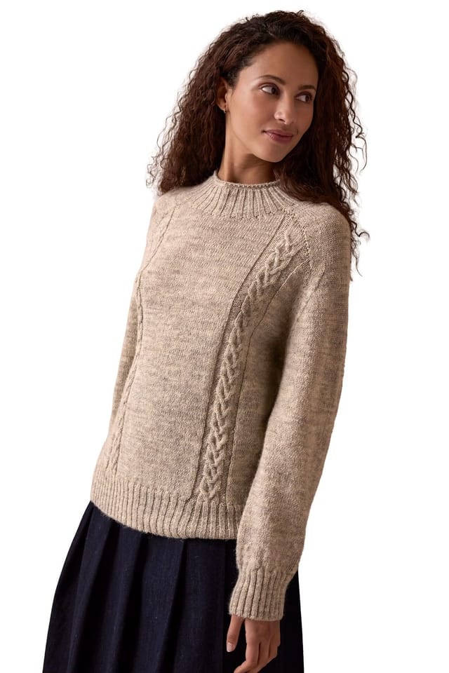 Celtic & Co Celtic & Co Women's British Wool Cable Detail Gansey Sweater in Light Beige - 3