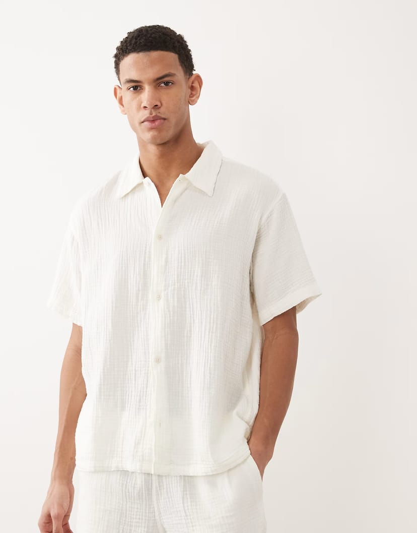 ASOS Jack & Jones co-ord textured shirt in cream - 1
