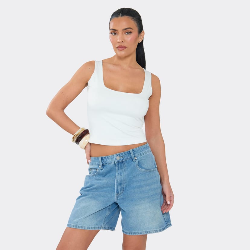 EGO Mid Rise Oversized Shorts In Mid Blue Denim, Women's Size UK 6 - 1