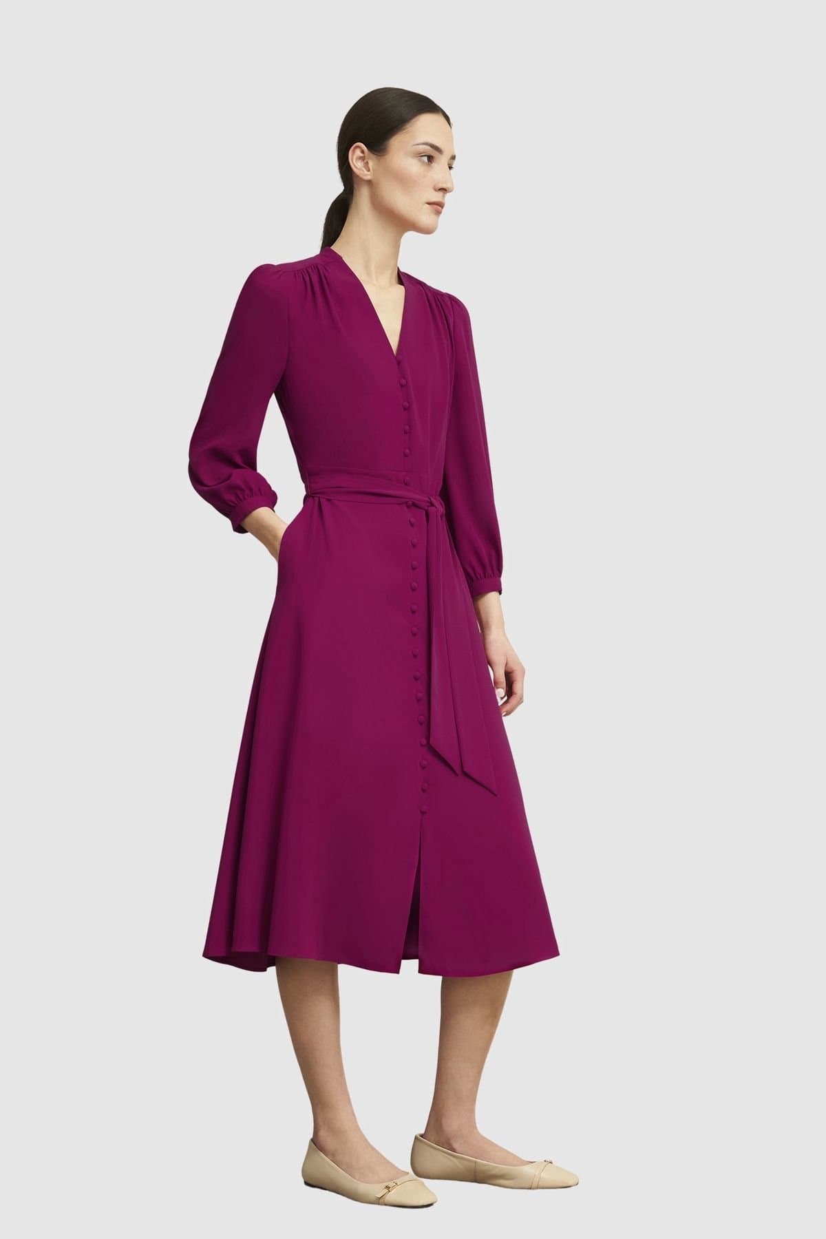 Hobbs London Hobbs London Women's Magnolia Long Sleeve V-Neck Midi Dress in Fuchsia
