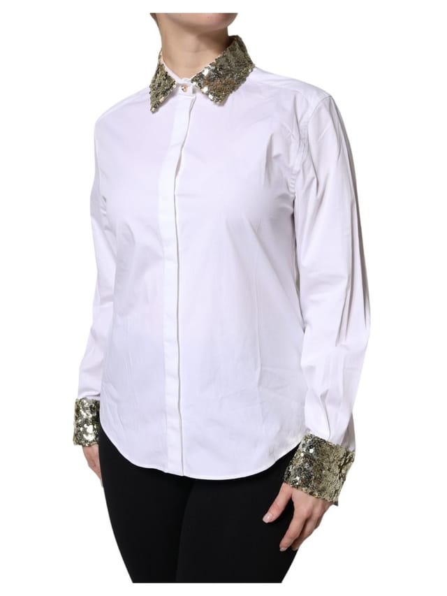 Dolce & Gabbana Dolce & Gabbana Women's White Cotton Long Sleeves Sequin Shirt Top - 2