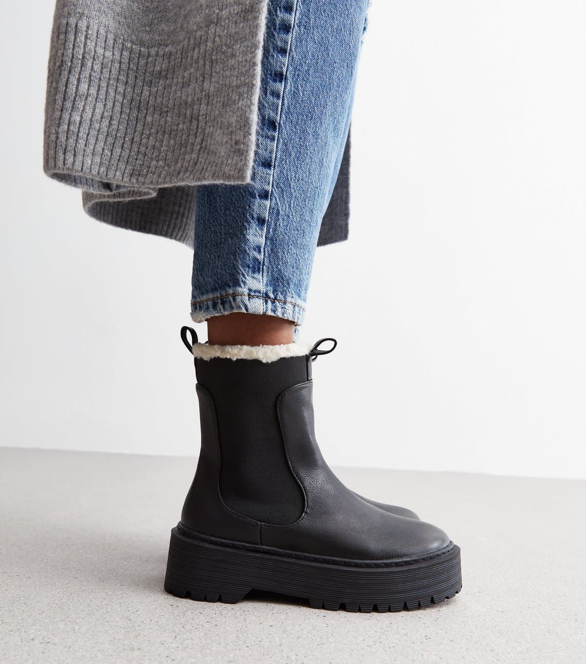 Public Desire Women's Black Leather-Look Chunky Teddy Lined Chelsea Boots Public Desire New Look