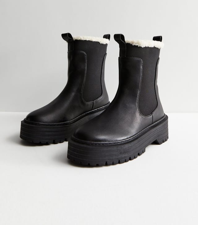 Public Desire Women's Black Leather-Look Chunky Teddy Lined Chelsea Boots Public Desire New Look - 3