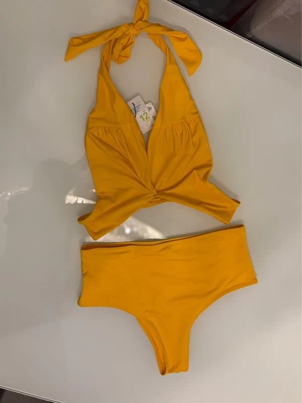 Primark NEW mustard yellow 2 piece bikini set tie halter neck crossover style & high waisted bottoms size 12