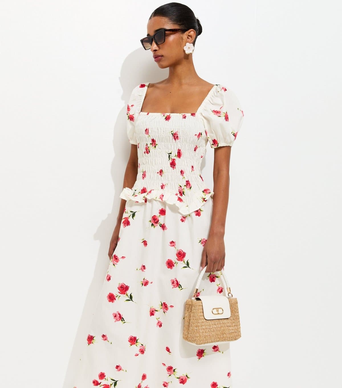 New Look Women's White Floral Print Square Neck Midi Dress New Look