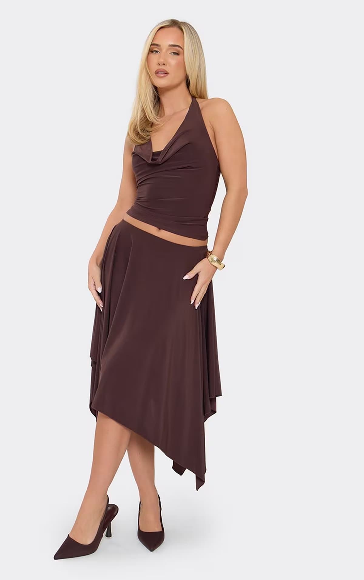 EGO Halterneck Cowl Front Top In Chocolate Brown Slinky, Women's Size UK 6